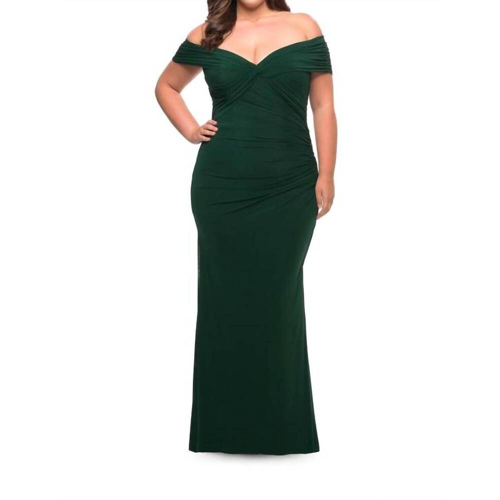 NEW LA FEMME flattering long plus size net jersey gown in emerald